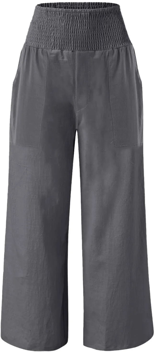 Womens Elastic High Waisted Palazzo Pants Casual Wide Leg Smock Lounge Pant Solid Beach Trousers with Pocket