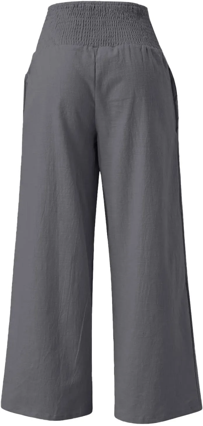 Womens Elastic High Waisted Palazzo Pants Casual Wide Leg Smock Lounge Pant Solid Beach Trousers with Pocket