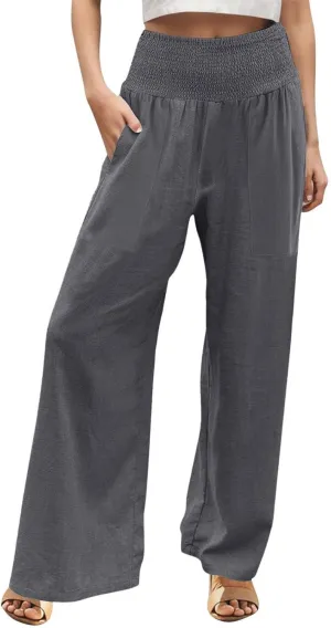 Womens Elastic High Waisted Palazzo Pants Casual Wide Leg Smock Lounge Pant Solid Beach Trousers with Pocket