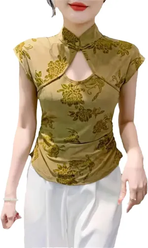 Women's Elegant Mandarin Collar Blouse Breathable Cap Sleeve Asymmetric T-Shirt Slim Fit Wedding Guest Outfits