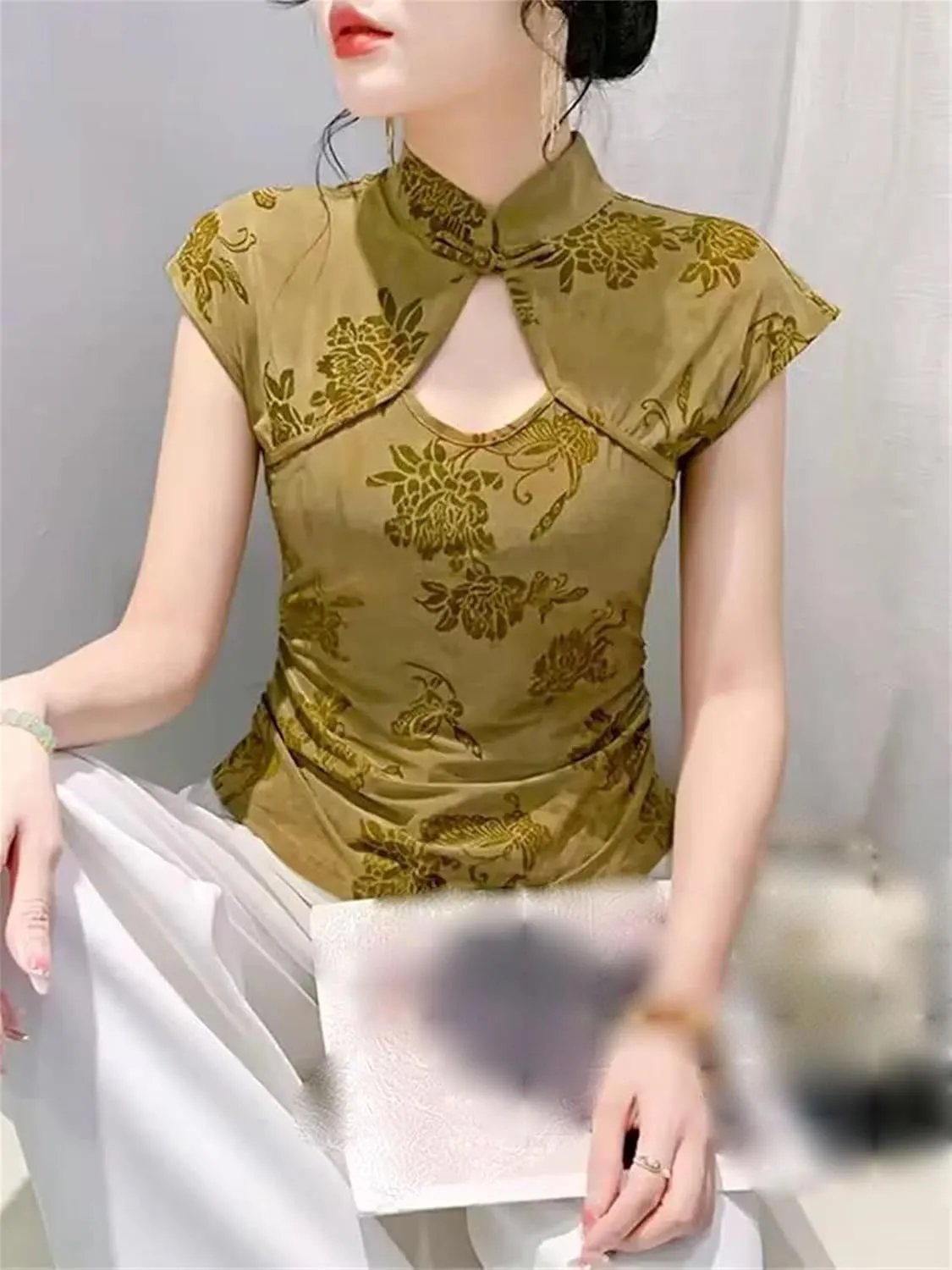 Women's Elegant Mandarin Collar Blouse Breathable Cap Sleeve Asymmetric T-Shirt Slim Fit Wedding Guest Outfits