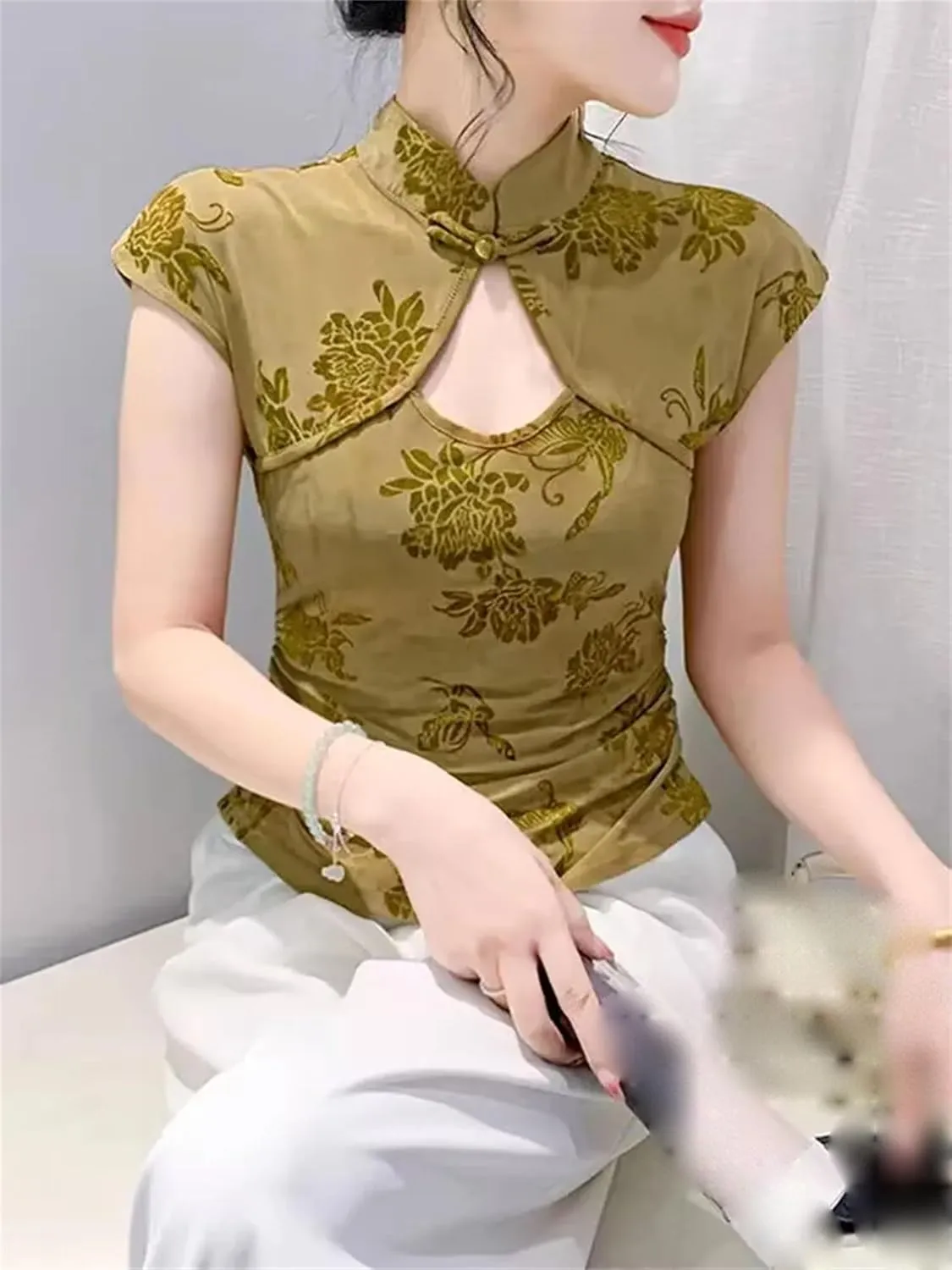 Women's Elegant Mandarin Collar Blouse Breathable Cap Sleeve Asymmetric T-Shirt Slim Fit Wedding Guest Outfits