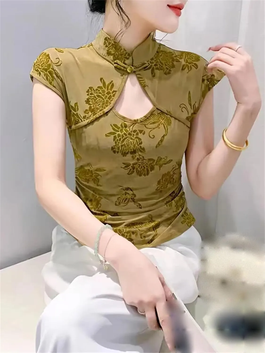 Women's Elegant Mandarin Collar Blouse Breathable Cap Sleeve Asymmetric T-Shirt Slim Fit Wedding Guest Outfits