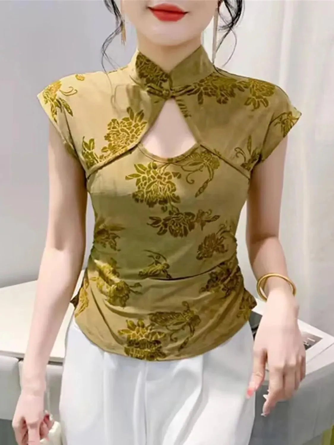 Women's Elegant Mandarin Collar Blouse Breathable Cap Sleeve Asymmetric T-Shirt Slim Fit Wedding Guest Outfits