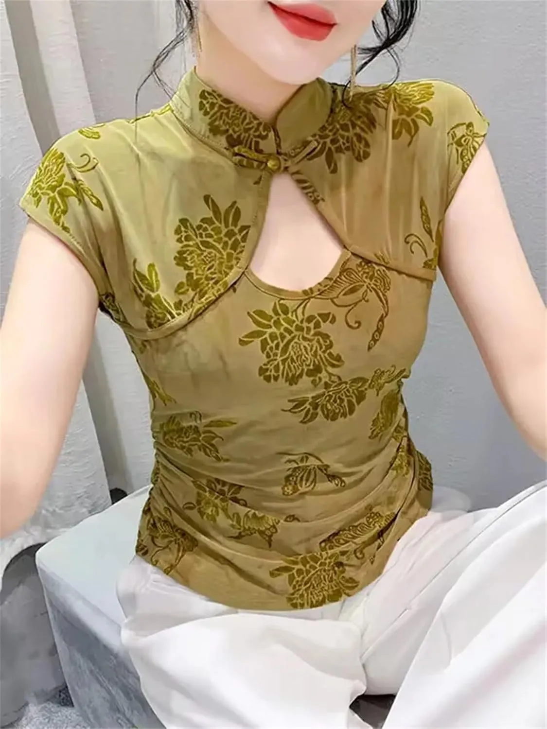 Women's Elegant Mandarin Collar Blouse Breathable Cap Sleeve Asymmetric T-Shirt Slim Fit Wedding Guest Outfits