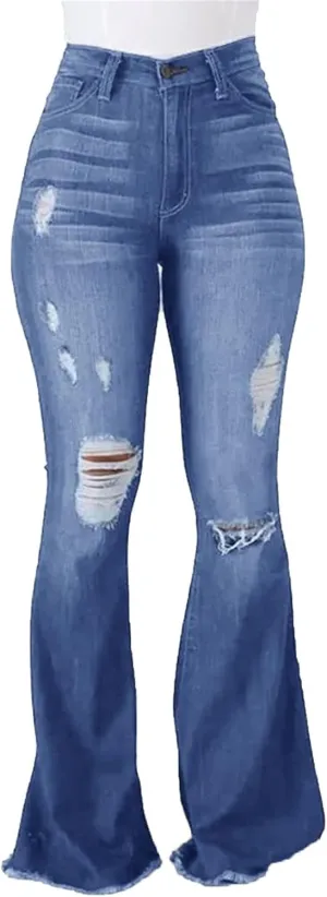 Women's Fashion Ripped Flared Jeans Retro Skinny Bell Destroyed Jeans Classic High Waisted Bottom Jean Pants