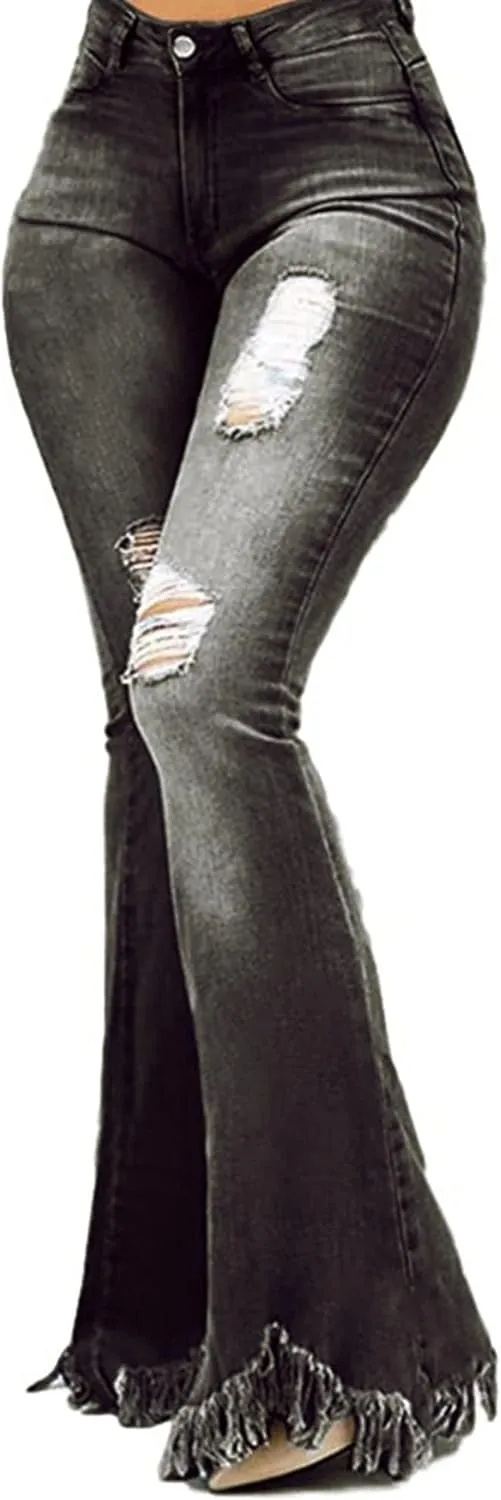 Women's Fashion Ripped Flared Jeans Retro Skinny Bell Destroyed Jeans Classic High Waisted Bottom Jean Pants