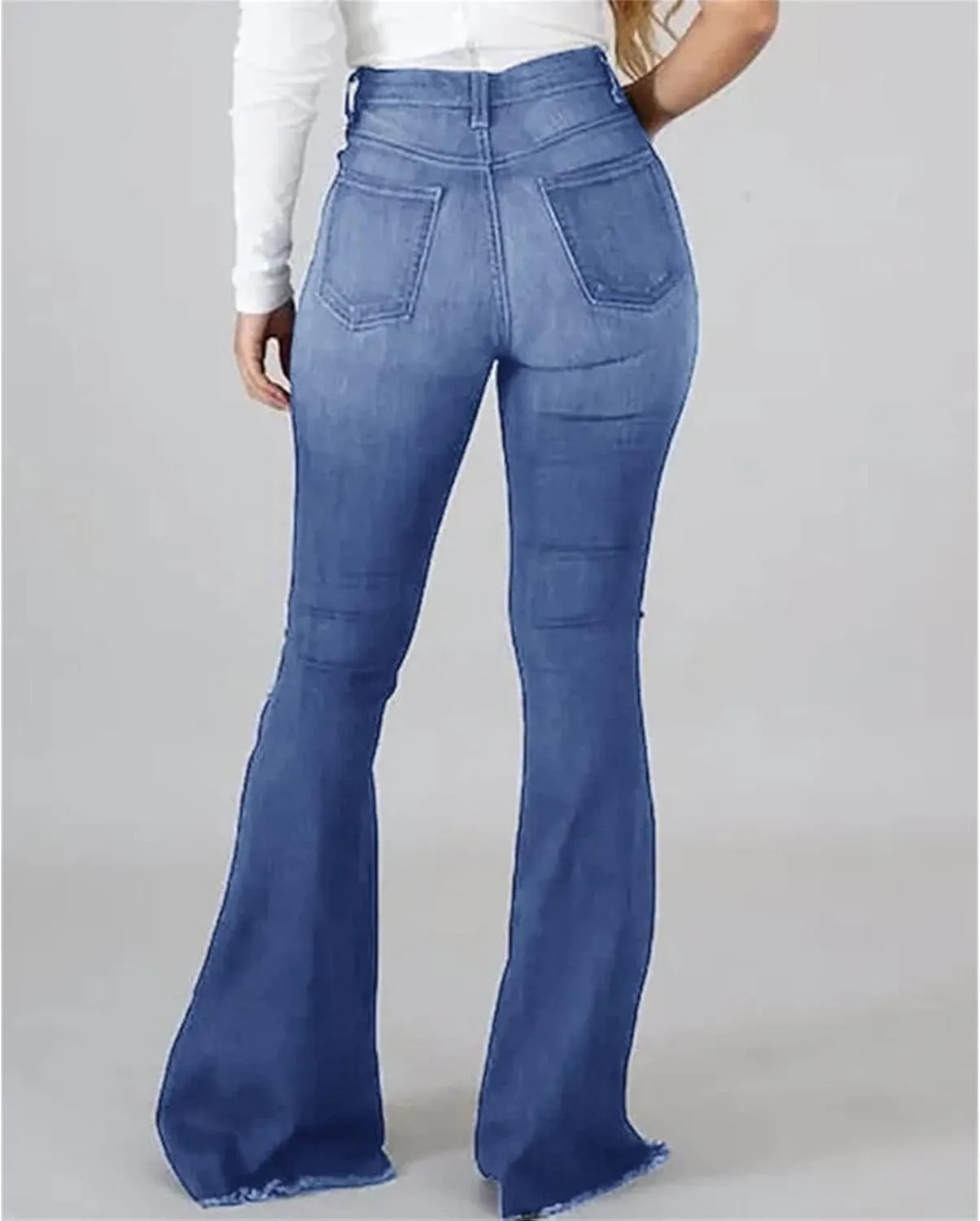Women's Fashion Ripped Flared Jeans Retro Skinny Bell Destroyed Jeans Classic High Waisted Bottom Jean Pants
