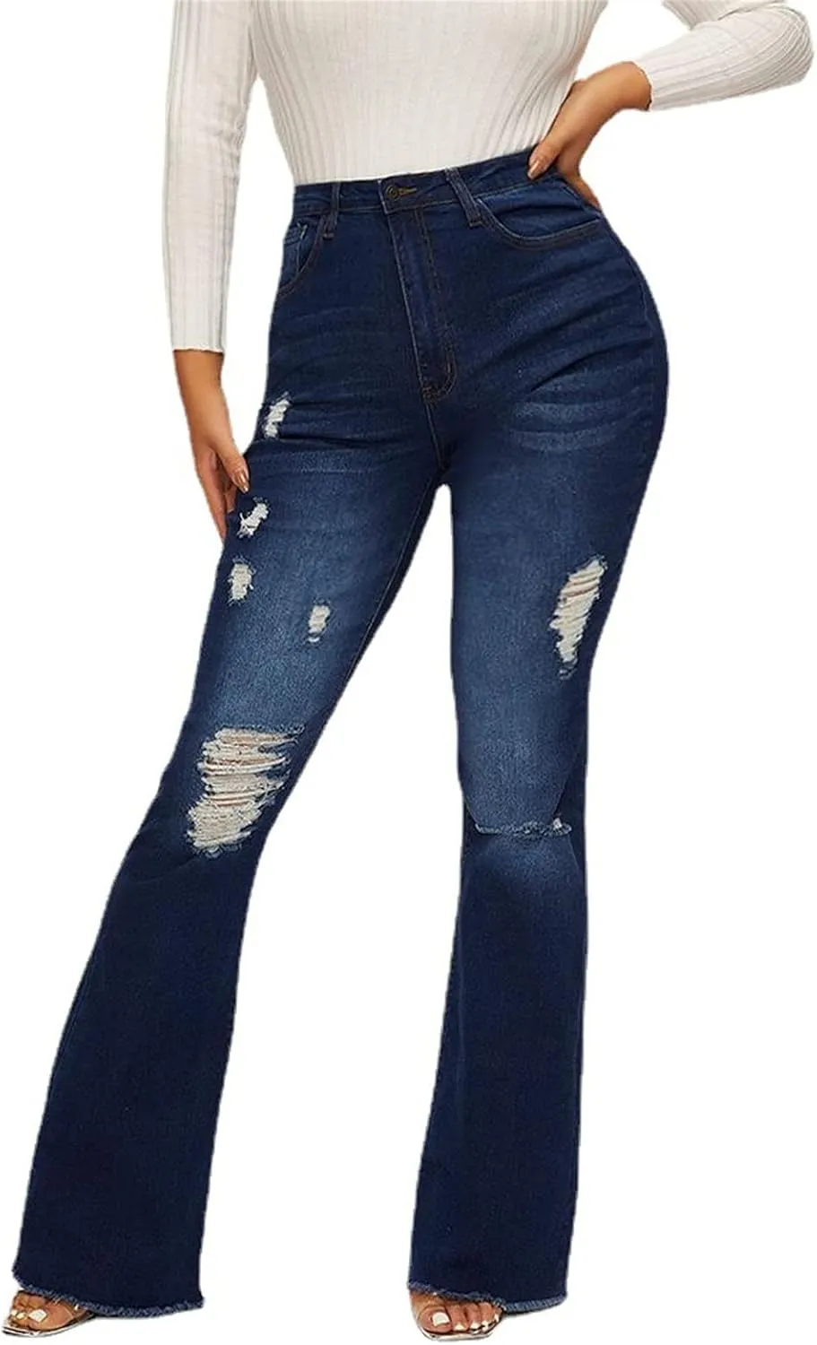 Women's Fashion Ripped Flared Jeans Retro Skinny Bell Destroyed Jeans Classic High Waisted Bottom Jean Pants