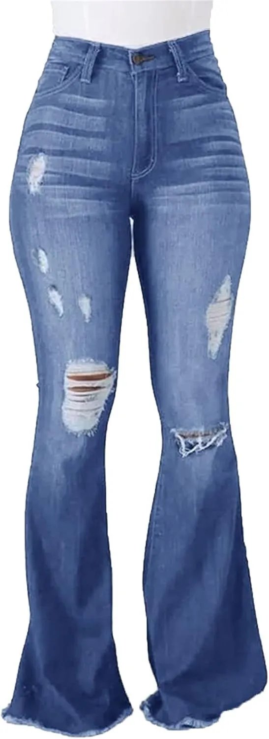 Women's Fashion Ripped Flared Jeans Retro Skinny Bell Destroyed Jeans Classic High Waisted Bottom Jean Pants