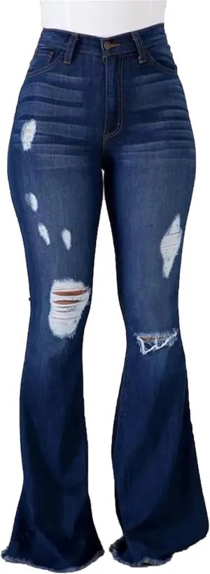 Women's Fashion Ripped Flared Jeans Retro Skinny Bell Destroyed Jeans Classic High Waisted Bottom Jean Pants