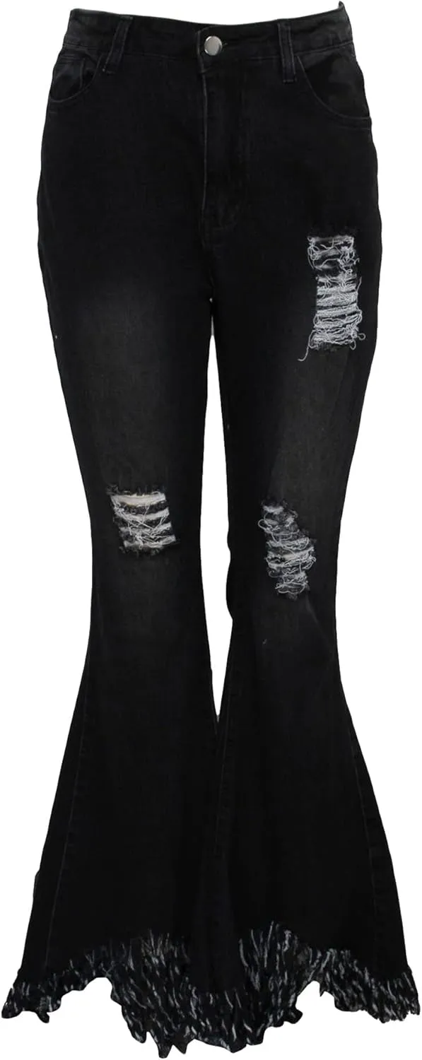 Women's Fashion Ripped Flared Jeans Retro Skinny Bell Destroyed Jeans Classic High Waisted Bottom Jean Pants