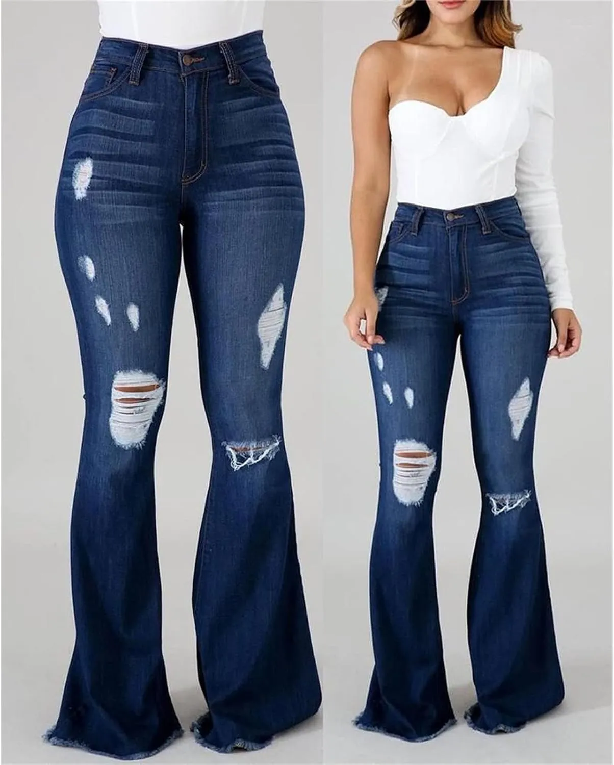 Women's Fashion Ripped Flared Jeans Retro Skinny Bell Destroyed Jeans Classic High Waisted Bottom Jean Pants