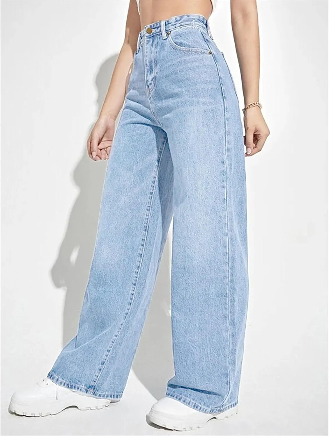 Women's Fashion Straight High Waist Jeans Business Stretch Loose Pants Casual Curve Jeans Solid Color Wide Leg Pants