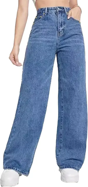 Women's Fashion Straight High Waist Jeans Business Stretch Loose Pants Casual Curve Jeans Solid Color Wide Leg Pants