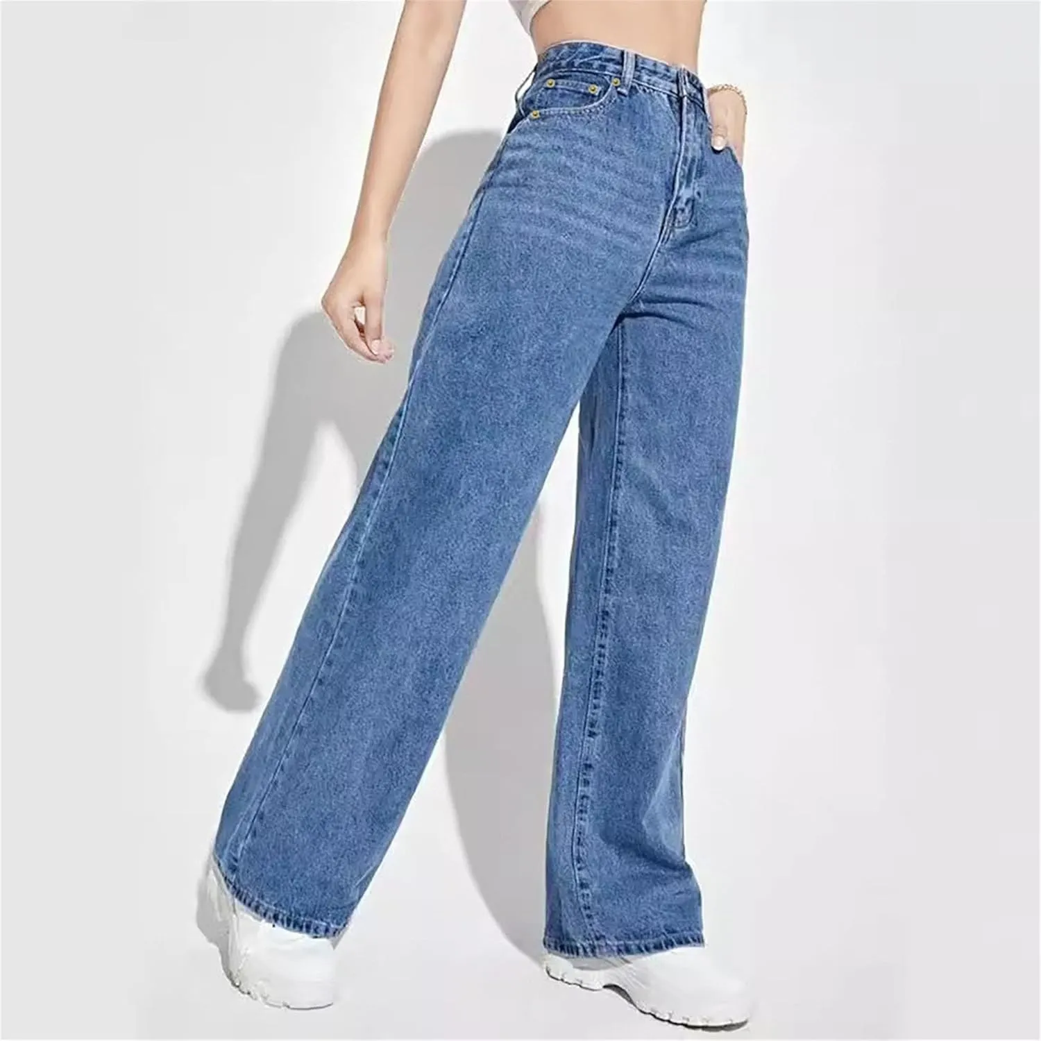 Women's Fashion Straight High Waist Jeans Business Stretch Loose Pants Casual Curve Jeans Solid Color Wide Leg Pants