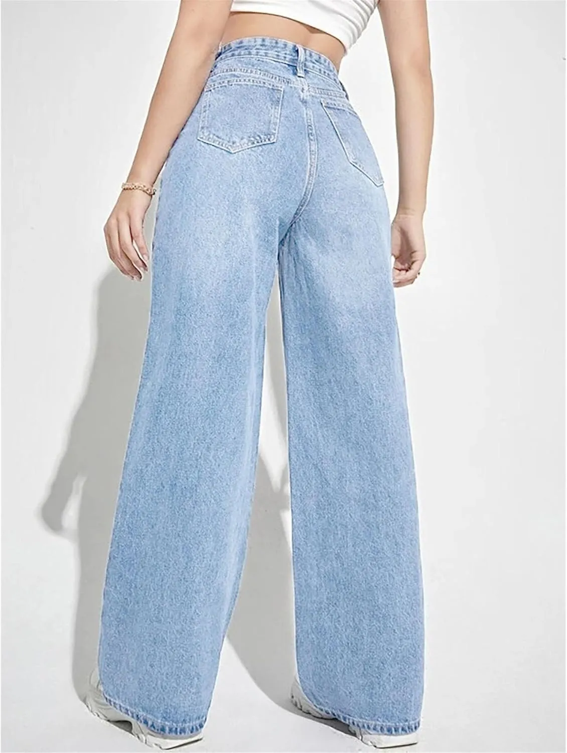 Women's Fashion Straight High Waist Jeans Business Stretch Loose Pants Casual Curve Jeans Solid Color Wide Leg Pants