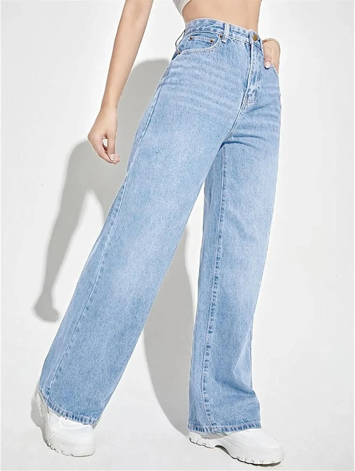 Women's Fashion Straight High Waist Jeans Business Stretch Loose Pants Casual Curve Jeans Solid Color Wide Leg Pants