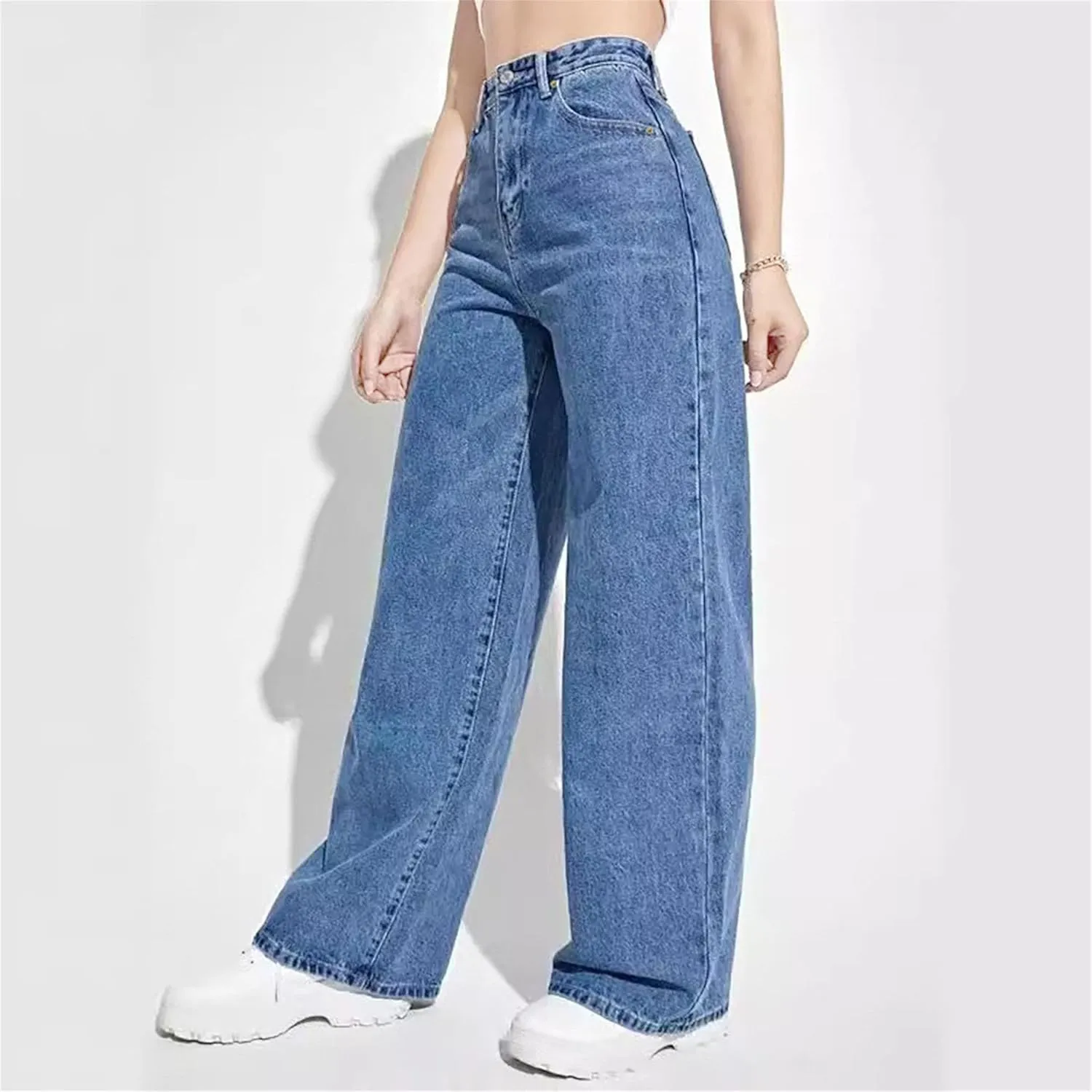 Women's Fashion Straight High Waist Jeans Business Stretch Loose Pants Casual Curve Jeans Solid Color Wide Leg Pants