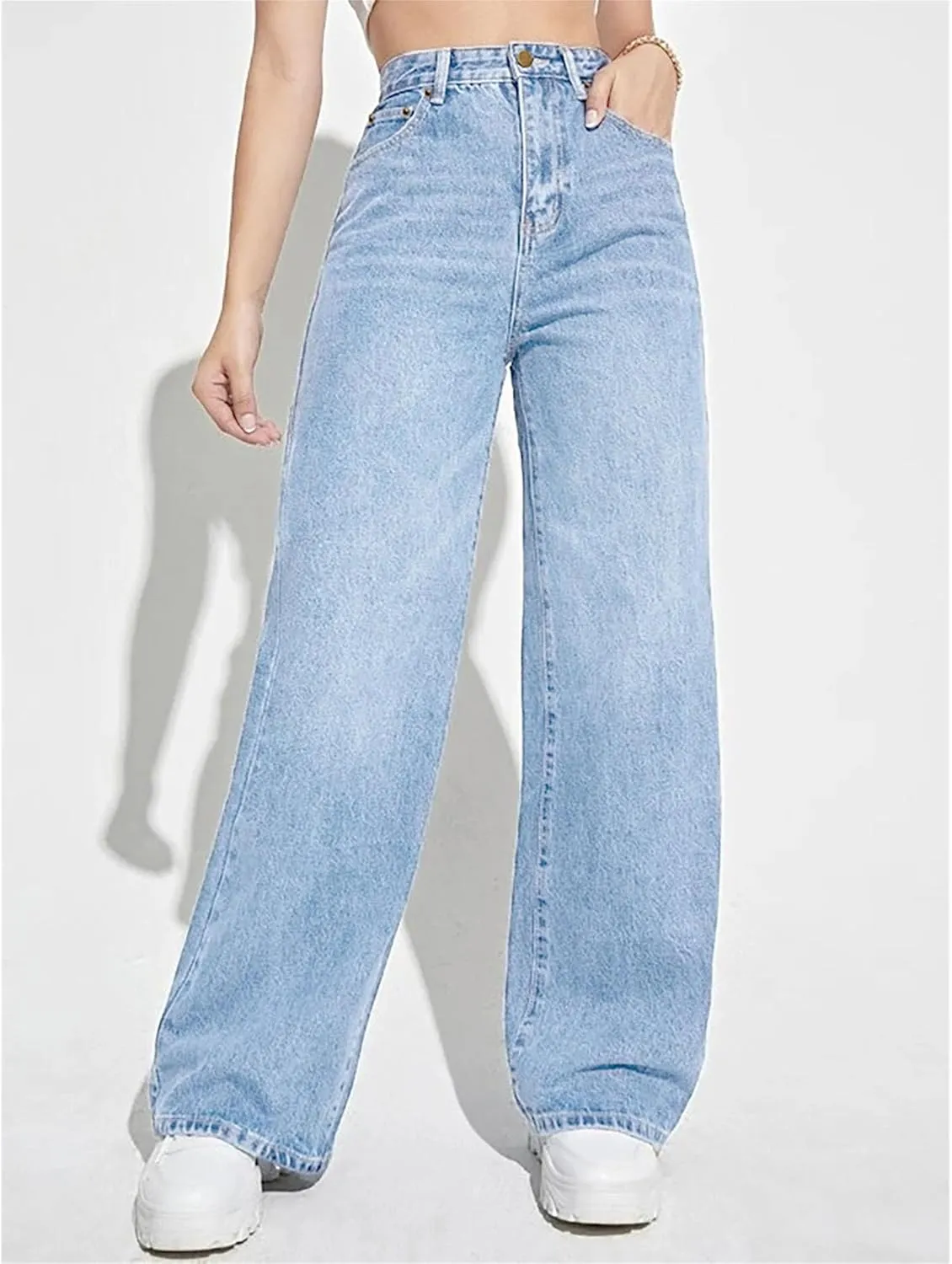 Women's Fashion Straight High Waist Jeans Business Stretch Loose Pants Casual Curve Jeans Solid Color Wide Leg Pants
