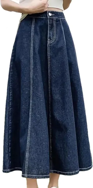 Women's Fashionable High-Waisted Jeans Long Skirt Elastic Waist A-Line Umbrella Casual Skirt