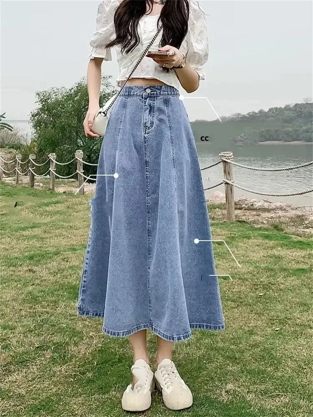 Women's Fashionable High-Waisted Jeans Long Skirt Elastic Waist A-Line Umbrella Casual Skirt