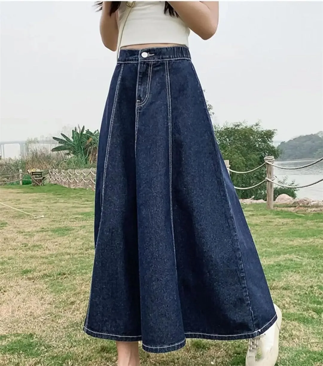 Women's Fashionable High-Waisted Jeans Long Skirt Elastic Waist A-Line Umbrella Casual Skirt