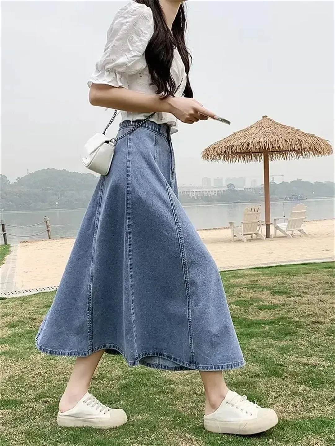 Women's Fashionable High-Waisted Jeans Long Skirt Elastic Waist A-Line Umbrella Casual Skirt