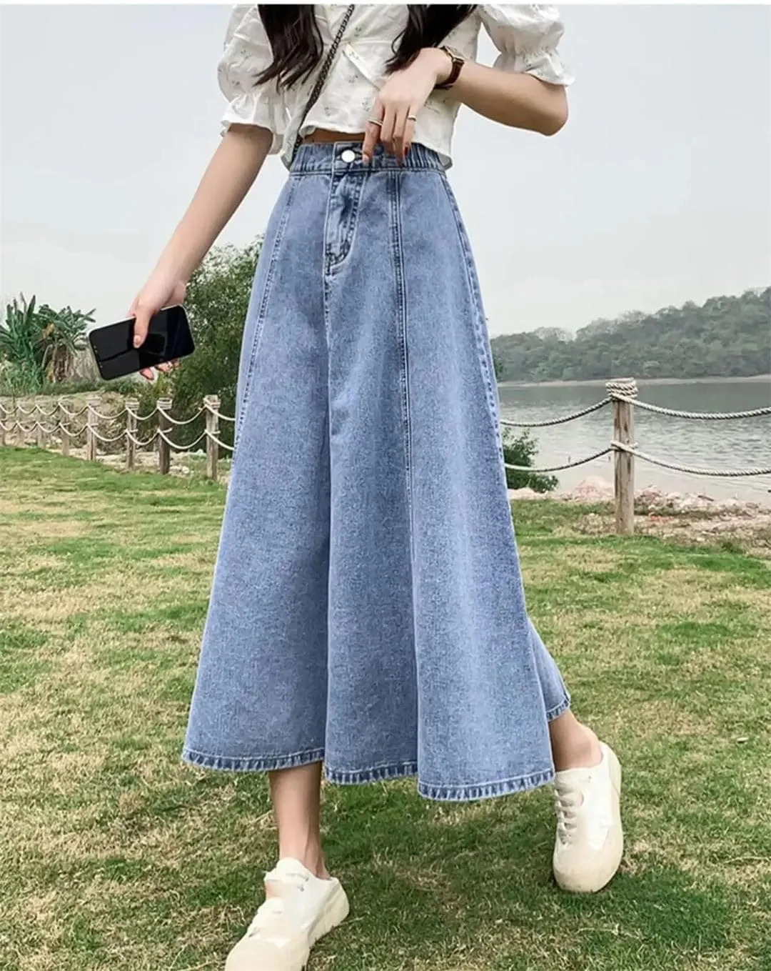 Women's Fashionable High-Waisted Jeans Long Skirt Elastic Waist A-Line Umbrella Casual Skirt
