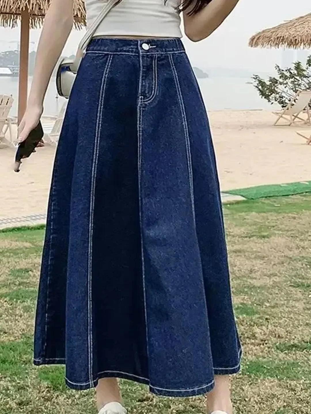 Women's Fashionable High-Waisted Jeans Long Skirt Elastic Waist A-Line Umbrella Casual Skirt