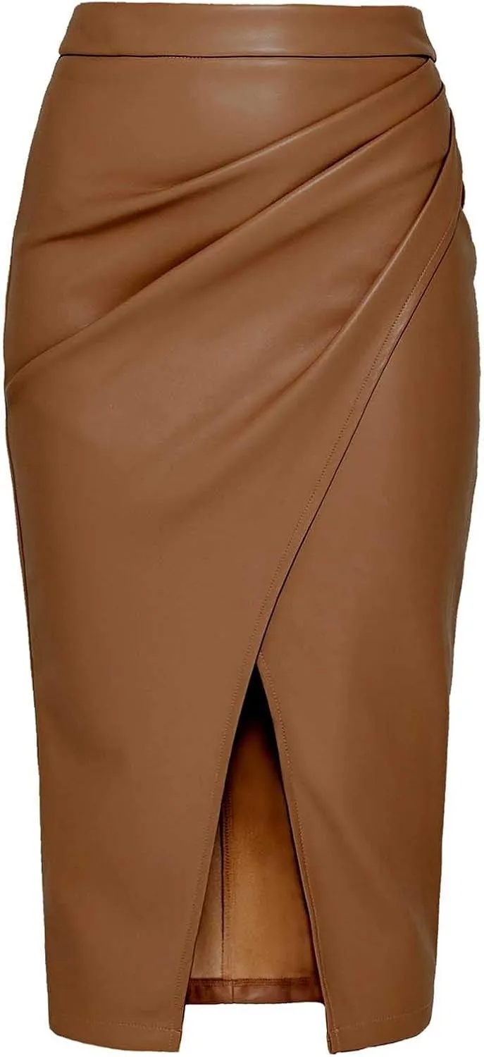 Womens Faux Leather Midi Skirt High Waisted Wrap Ruched Front Slit Zip Back Bodycon Skirts Pencil Skirt