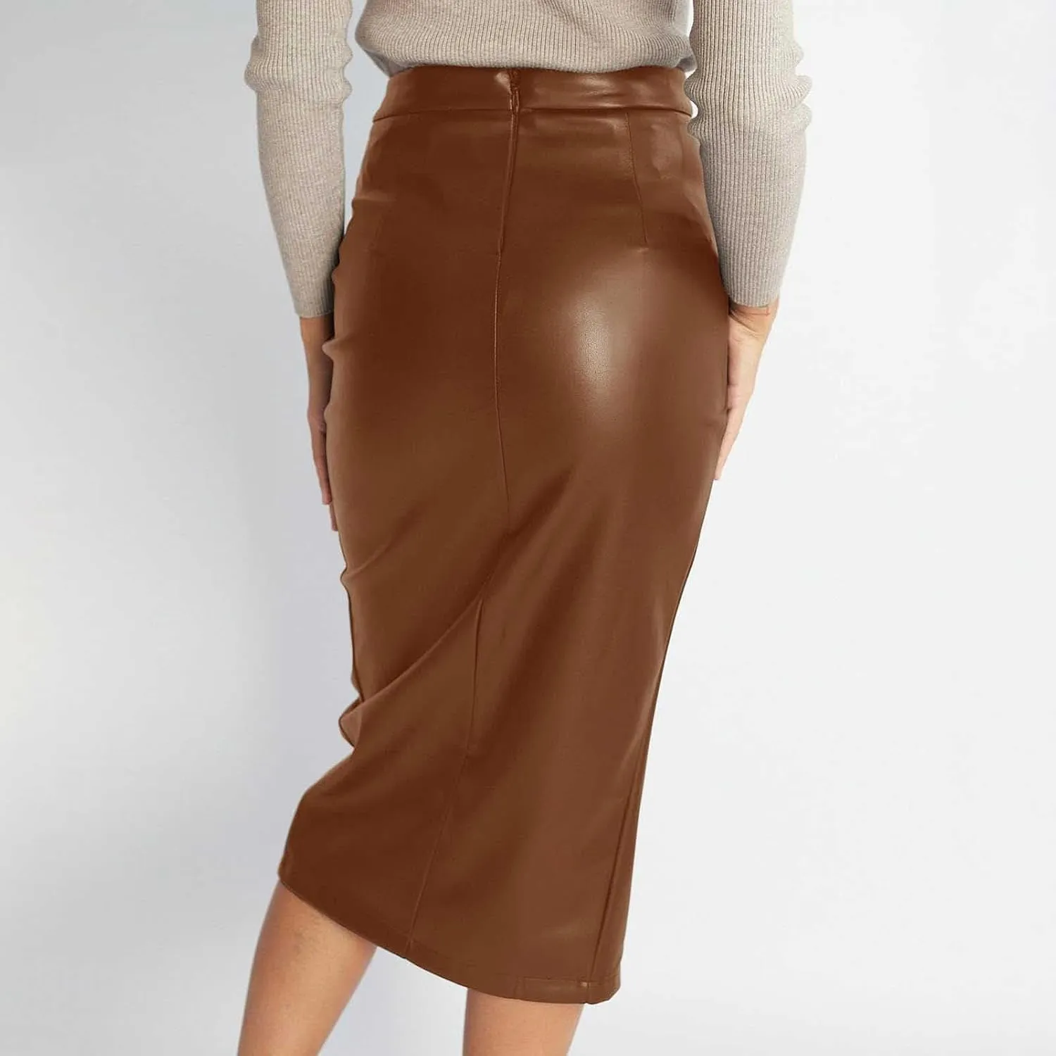 Womens Faux Leather Midi Skirt High Waisted Wrap Ruched Front Slit Zip Back Bodycon Skirts Pencil Skirt