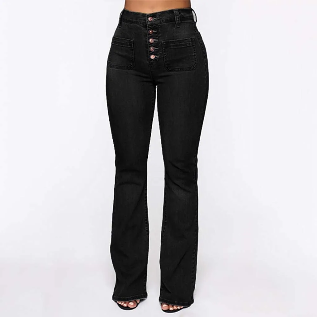 Women's Flare Bell Bottom Jeans Ripped High Rise Stretch Butt Lifting Button Fly Flared Jeans Denim Pants