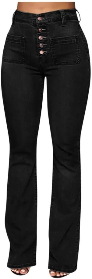 Women's Flare Bell Bottom Jeans Ripped High Rise Stretch Butt Lifting Button Fly Flared Jeans Denim Pants