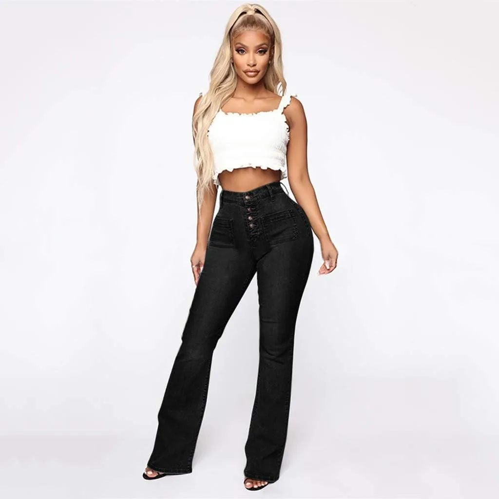 Women's Flare Bell Bottom Jeans Ripped High Rise Stretch Butt Lifting Button Fly Flared Jeans Denim Pants