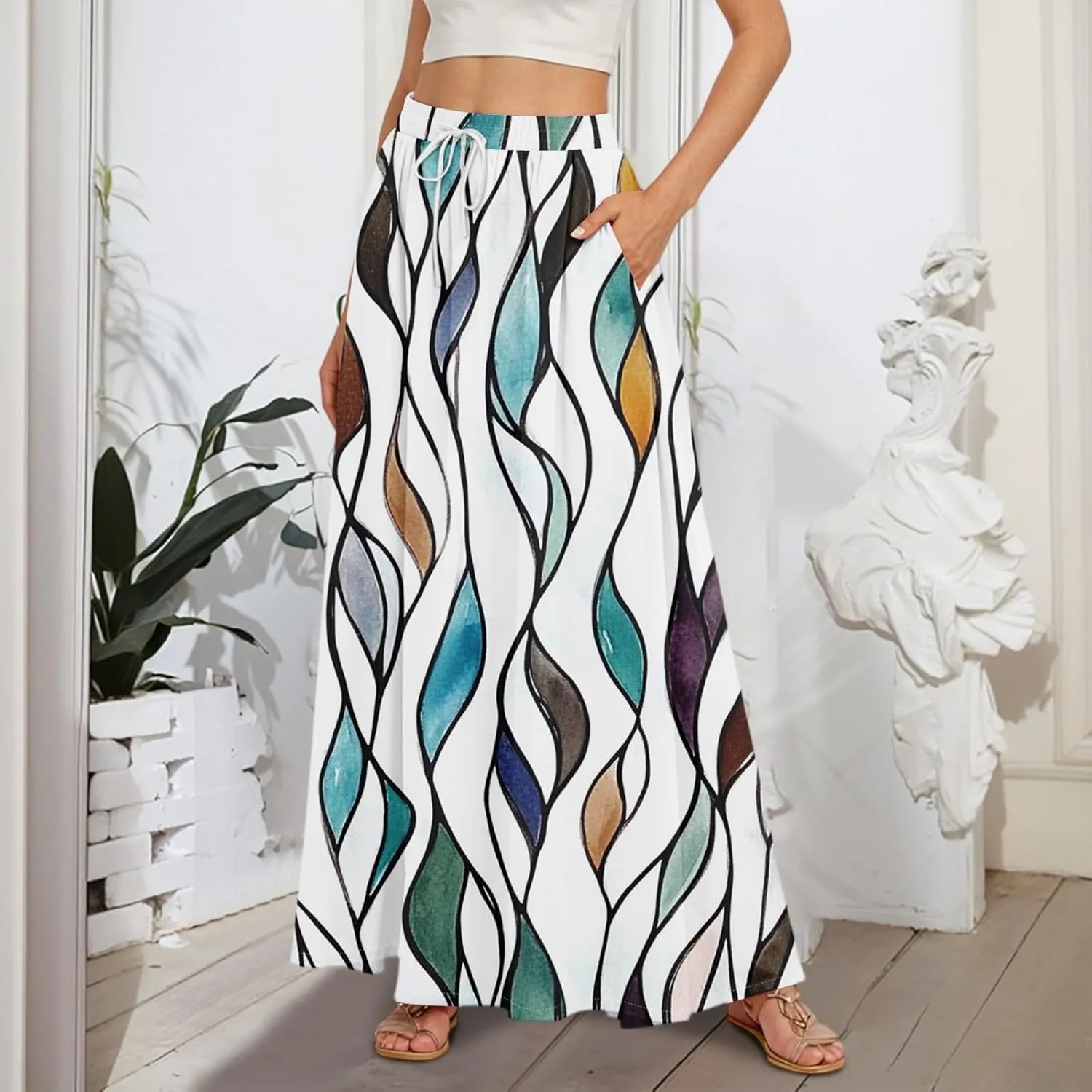 Women's Flowy Flared Ruffle Hem A Line Maxi Skirts Elastic Waist Elegant Tiered Layer Boho Long Skirts, S-2XL
