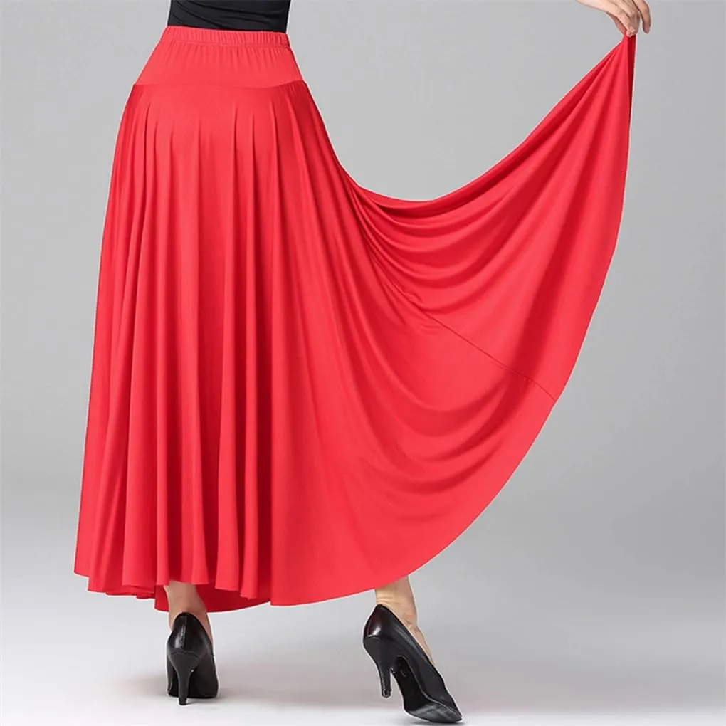 Womens High Waist A-Line Skirts Elastic Waistband Ruffle Casual Solid Color Maxi Skirt