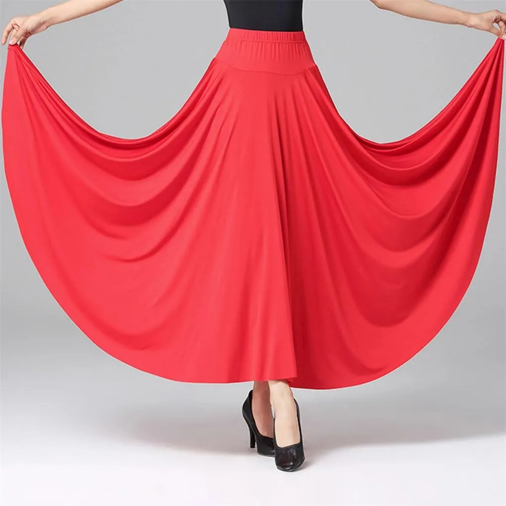 Womens High Waist A-Line Skirts Elastic Waistband Ruffle Casual Solid Color Maxi Skirt