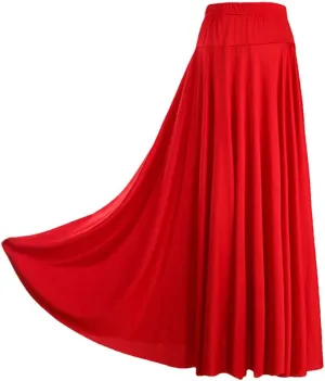 Womens High Waist A-Line Skirts Elastic Waistband Ruffle Casual Solid Color Maxi Skirt