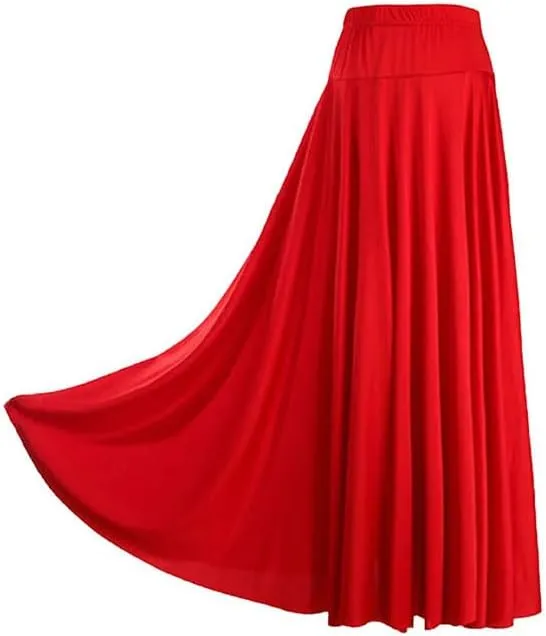 Womens High Waist A-Line Skirts Elastic Waistband Ruffle Casual Solid Color Maxi Skirt