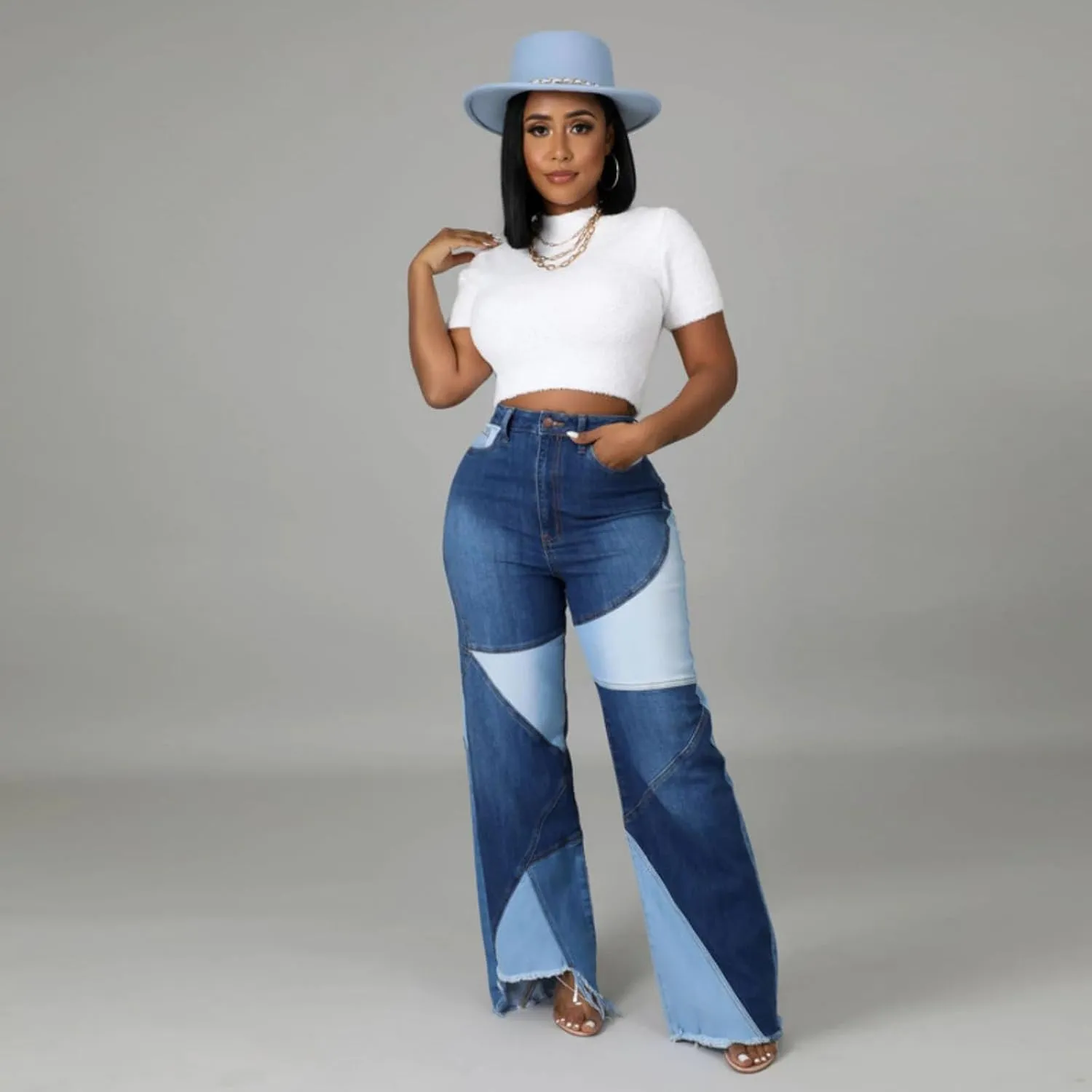 Women's High Waist Patchwork Flared Jeans Stretch Skinny Flare Denim Pants Vintage Bell Bottoms Jeans