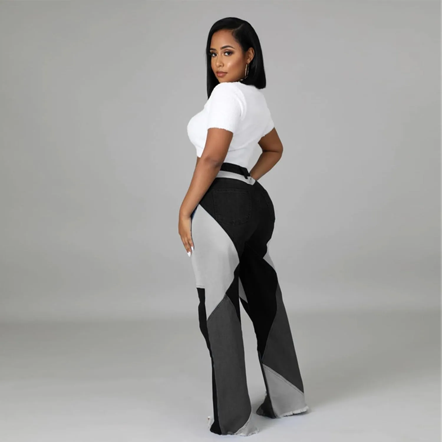 Women's High Waist Patchwork Flared Jeans Stretch Skinny Flare Denim Pants Vintage Bell Bottoms Jeans