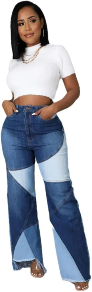 Women's High Waist Patchwork Flared Jeans Stretch Skinny Flare Denim Pants Vintage Bell Bottoms Jeans