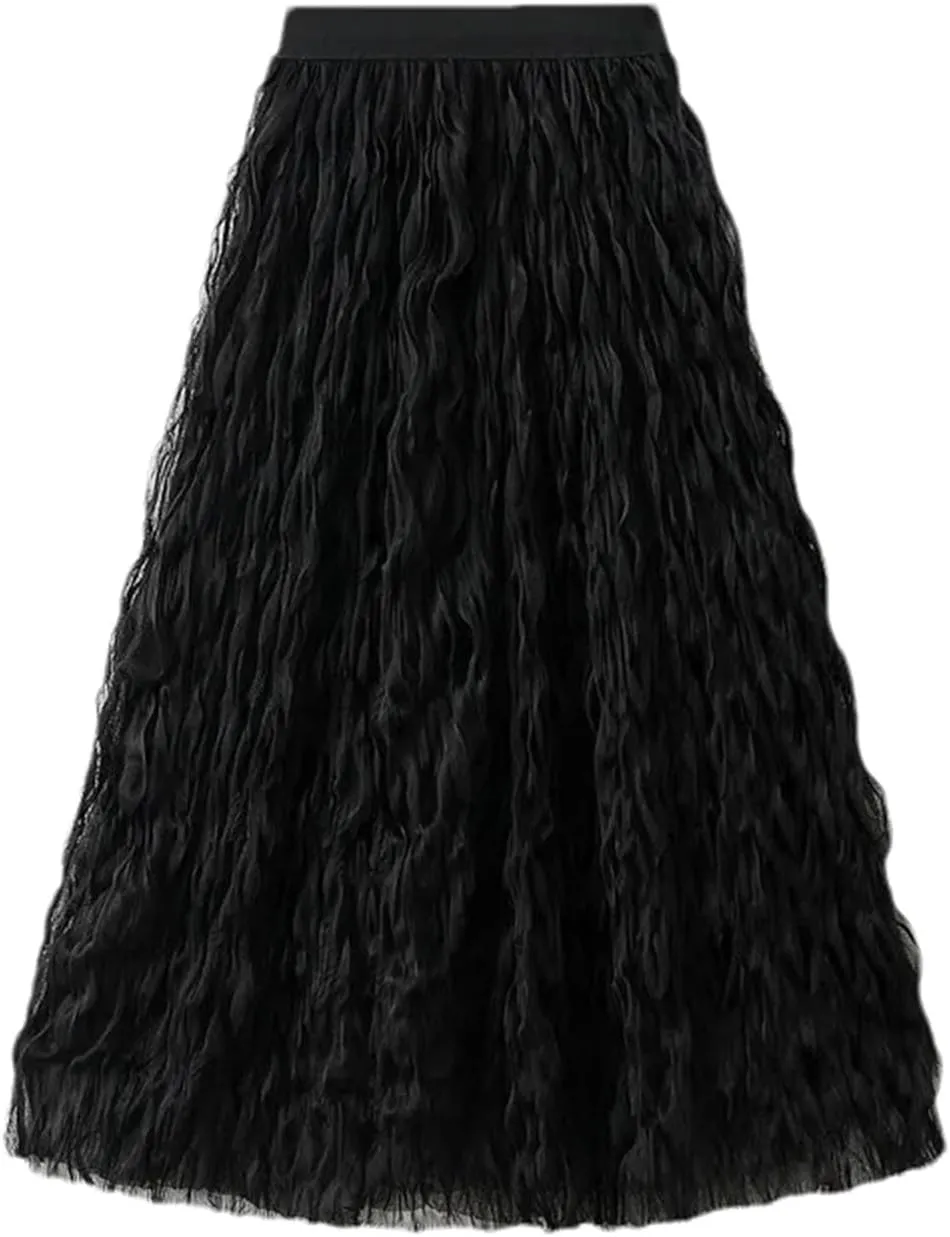 Women's High Waist Tulle Pleated Long Skirt Summer Solid Color Style Mesh A-Line Skirts