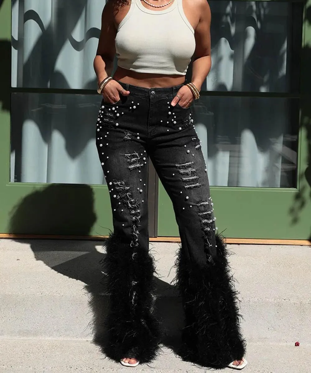 Women's High Waisted Jeans Skinny Stretch Ripped Beaded Distressed Bootcut Straight Leg Denim Pants