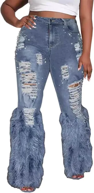 Women's High Waisted Jeans Skinny Stretch Ripped Beaded Distressed Bootcut Straight Leg Denim Pants