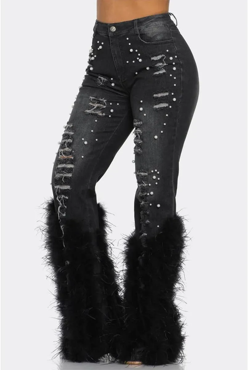Women's High Waisted Jeans Skinny Stretch Ripped Beaded Distressed Bootcut Straight Leg Denim Pants