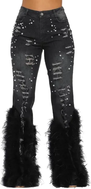 Women's High Waisted Jeans Skinny Stretch Ripped Beaded Distressed Bootcut Straight Leg Denim Pants