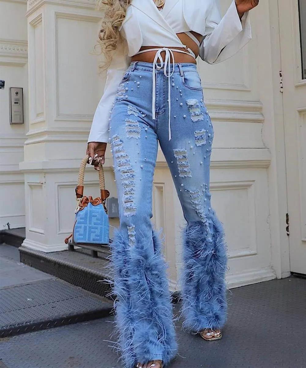 Women's High Waisted Jeans Skinny Stretch Ripped Beaded Distressed Bootcut Straight Leg Denim Pants