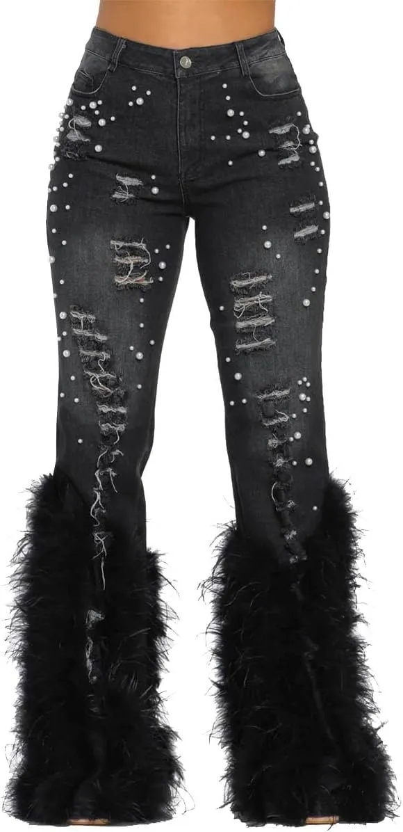 Women's High Waisted Jeans Skinny Stretch Ripped Beaded Distressed Bootcut Straight Leg Denim Pants